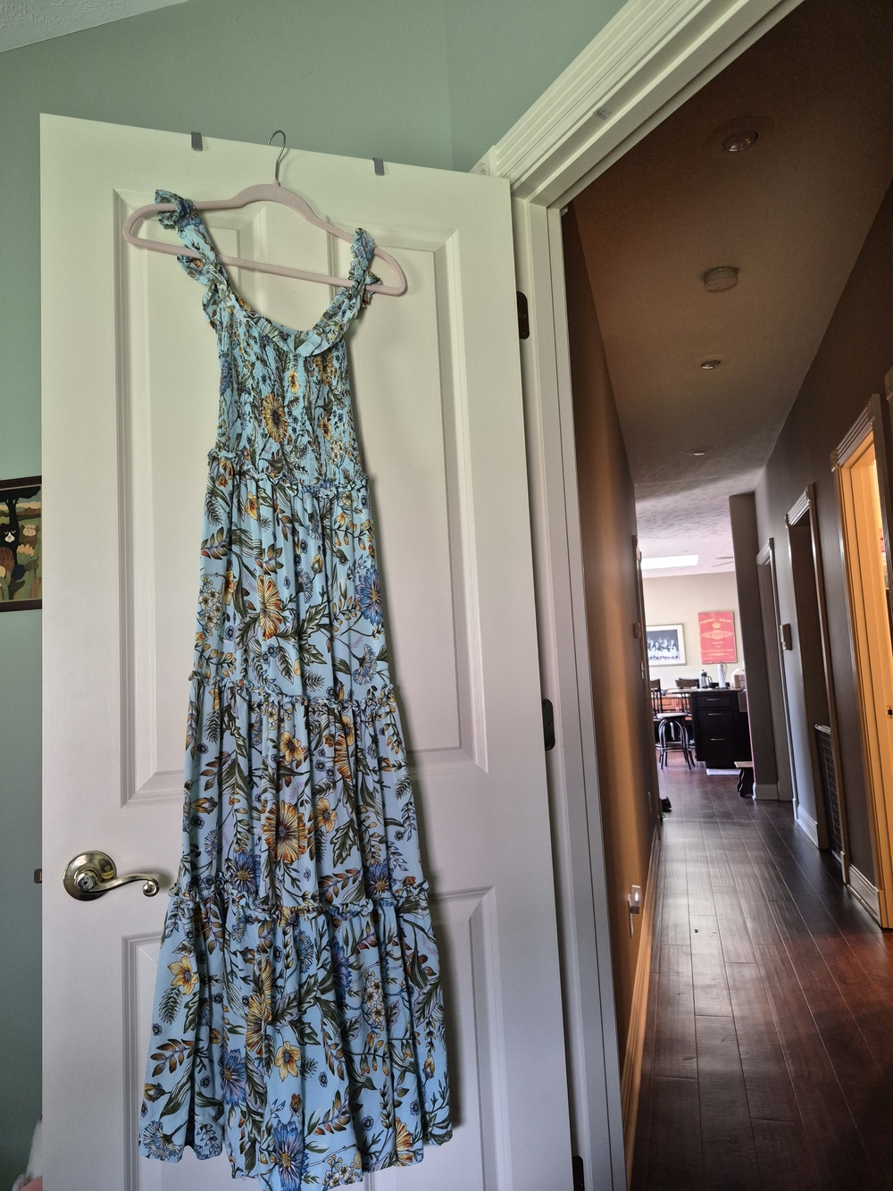 Sky Blue Floral Smocked Maxi Dress with Ruffled Straps